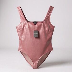 Forever 21 Bodysuit Womens L Pink Velvet Square Neck Sleeveless Casual Top